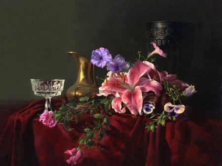 Still Life - crystal, jar, glass, liles, flowers, vase