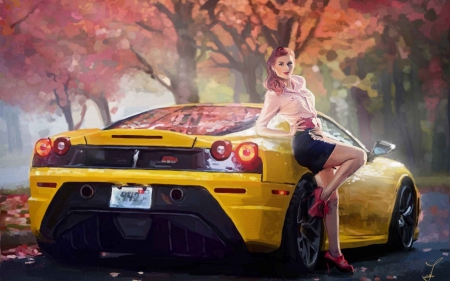 girl and ferrari - ferrari, autumn, girl, yellow