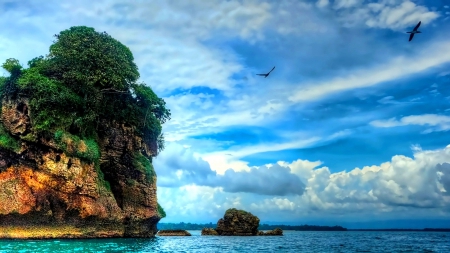 Bocas del Toro Island - white, sky, panama, clouds, cliff, blue, rock, sea