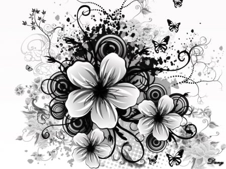 B and w flowers - petal, abstract, blackandwhite, flower