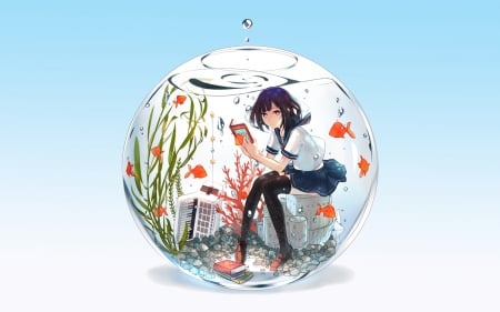 Fish Bowl - goldfish, anime, female, book, gold fish, uniform, short hair, bowl, plain, hd, miniskirt, read, anime girl, skirt, water, reading, girl, simple, wet, fish bowl, school uniform, fantasy, underwater, bubbles, black hair, fish