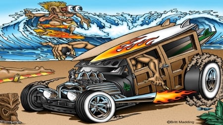 Surf Woody - cars, hot rod, surfing, cartoons, ford, cartoon cars, woody