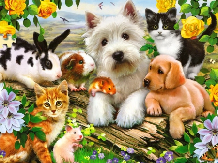 Friends - roses, blossoms, spring, leaves, flowers, puppy, friends, art, rabbit, freshness, bunny, sweet, blooming, painting, cute, adorable, squirrel, kitty