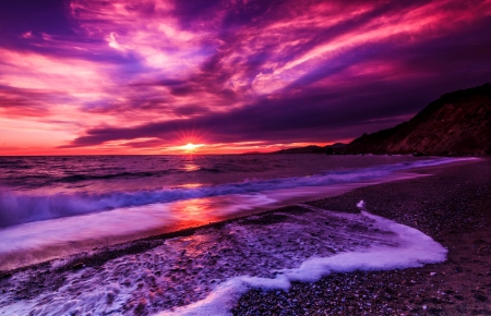 Purple sunset - ocean, beach, sky, water, shore, sunset, lovely, waves, nature, amazing, reflection, clouds, beautiful, sea