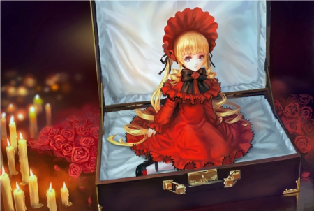 Living Doll - nice, beauty, female, candles, blond, anime girl, blond hair, box, pretty, blonde hair, anime, girl, shinku, light, long hair, rozen maiden, gown, lovely, kawaii, doll, beautiful, sweet, dress, blonde