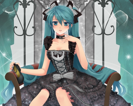 Elegant - pretty, anime, vocaloid, twin tail, female, miku hatsune, twintail, maiden, dress, hatsune miku, green hair, long hair, lolita, ribbon, hd, nice, gown, anime girl, beautiful, girl, beauty, lovely, sweet, lady, miku, hatsune, vocaloids