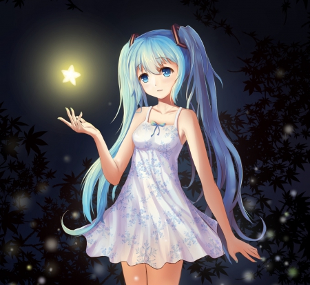 Lil' Star - pretty, star, anime, vocaloid, female, miku hatsune, dress, hatsune miku, light, long hair, dark, hd, nice, gown, anime girl, beautiful, girl, sundress, beauty, lovely, sweet, glow, black, white, miku, bright, hatsune, vocaloids