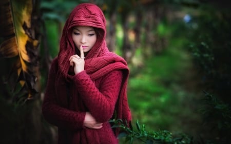 Red Riding Hood - girl, beauty, pink, red, green, red riding hood, woman, model, asian