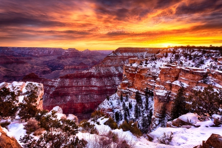 Grand Canyon, Flagstaff, Arizona - sky, sun, snow, winter, sunset, mountains