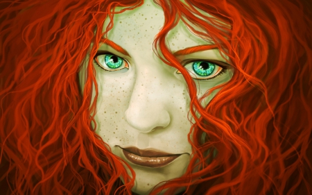 Redhead - portrait, fantasy, girl, woman, redhead, eyes, art, green