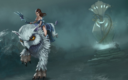 Fantasy girl - game, archer, girl, creature, owl, fantasy, white, green, digital, woman, griffon, art