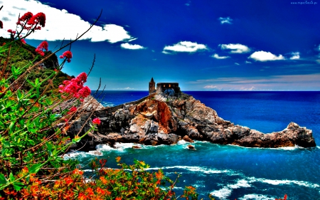 COASTAL SPRING - sky, beach, clouds, castle, flowers, sea, coast