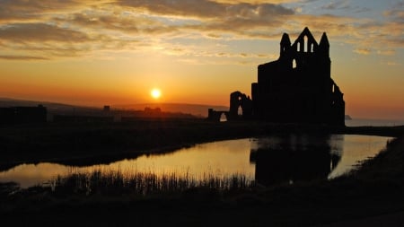 silhouette ruins of whitby abbey in england - lake, silhouette, ruins, abbey, sunset