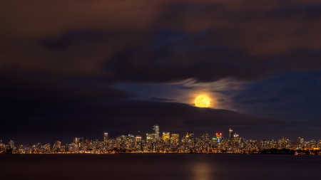 rising moon over vancouver - clouds, moon, city, night, bay