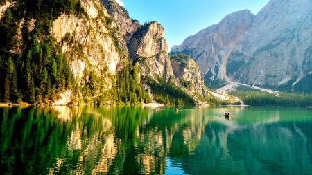 The Heavenly Beauty Of Braies Lake, Italy - boats, south tyrol, summer, mountains, reflections, bolzano, forest, reflection, beautiful, emerald waters, alps