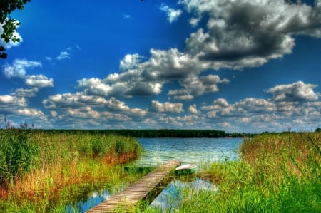 Lake Marinas - clouds, trees, water, boat, grass, pier, Poland, lake, Lake Marinas, sky