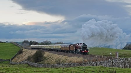 wonderful steam train in british countryside - countryside, steam, train, tracks, stones, wall