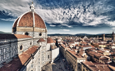 basilica of saint mary ofthe flower in florence - clouds, city, plaza, basilica