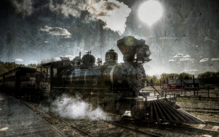 textured view of old steam train - platform, steam, train, track, texture, sun