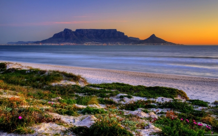 beach on the straits - lights, straits, vegetation, beach, sunset, mountain