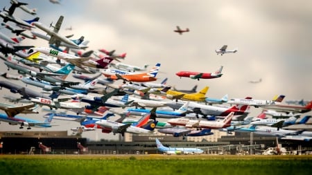 dozens of planes and airlines taking off - airport, taking off, airlines, planes