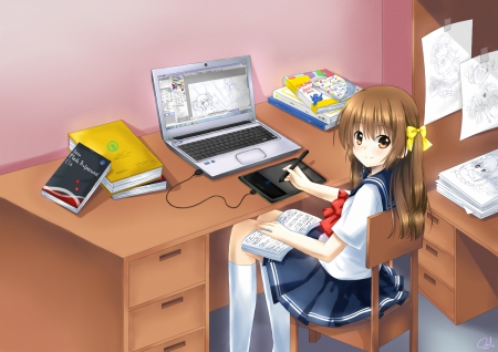 Drawing Manga - nice, pc, female, anime girl, brown hair, pretty, table, anime, cute, desktop, artist, laptop, girl, computer, long hair, lovely, kawaii, chair, books, monitor, sweet