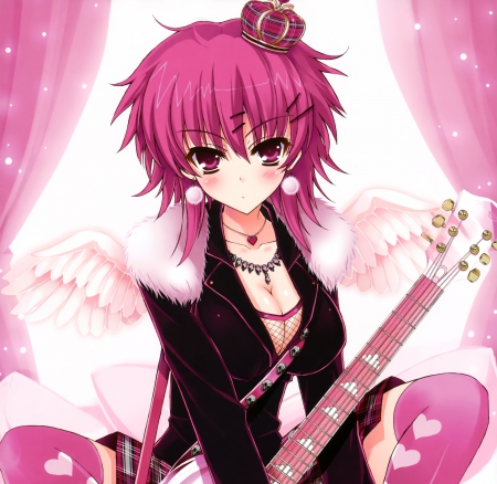 Angel Star - nice, popstar, beauty, female, hot, guitar, angel, superstar, wings, anime girl, pretty, anime, pop star, cute, short hair, rock star, maiden, lady, sexy, girl, pink hair, lovely, pink, wing, beautiful, sweet, dress