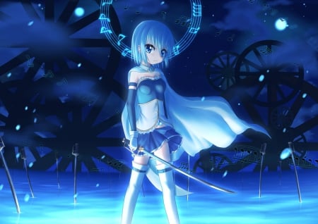 Miki Sayaka - anime, female, blue, gears, mad, light, magical, emotional, dark, armor, short hair, mahou shoujo madoka magica, blue hair, sparks, notes, anime girl, serious, miki sayaka, girl, sword, darkness, blade, sayaka, glow, angry, fantasy, magical girl