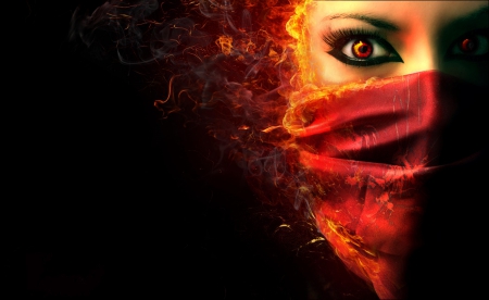 Fireangel Barb - veil, beautiful, fireangel, serene, girl, beauty, fantasy, scarf, fire, red, digital, woman, face, art