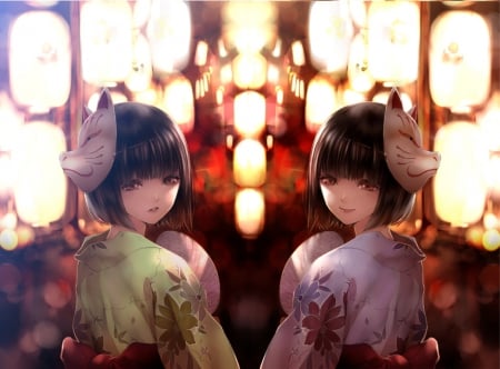 Night Festival - pretty, anime, kawaii, female, night, light, dark, short hair, mask, nice, anime girl, beautiful, girl, beauty, kimono, lovely, sweet, yukata, glow, twins, oni, cute