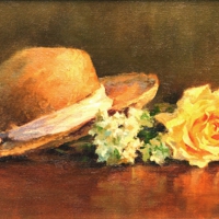 hat and yellow rose