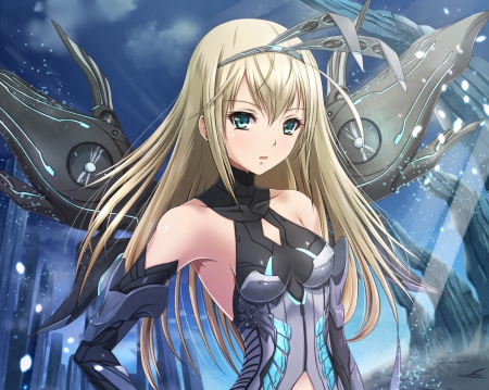 Metal Wings - pretty, anime, female, wing, maiden, blond hair, long hair, armor, blond, mecha, hd, nice, anime girl, beautiful, hot, girl, blonde hair, beauty, lovely, sweet, lady, wings, sexy