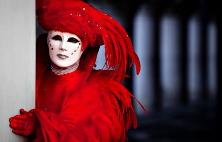 Venice Carnival - white, carnival, mask, red, venice, feather