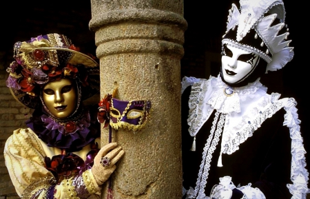 Venice Carnival - hat, feather, pink, man, black, white, mask, venice, woman, golden, couple, carnival