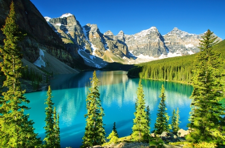 Moraine lake - vliffs, trees, hills, blue, beautiful, landscape, mountain, shore, view, peak, lvoely, lake, Moraine lake, sky, rocks