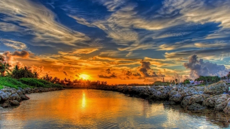 glorious sunset hdr - lighthouse, rocks, clouds, river, village, sunset, hdr