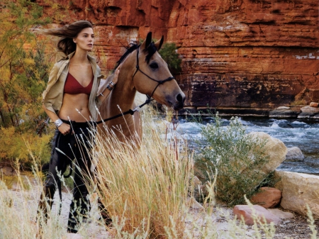 Cowgirl and Her Horse - horse, canyon, river, cowgirl, water, rocks