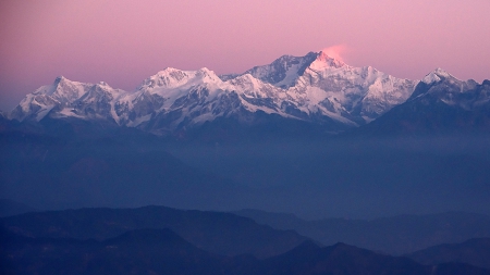 magnificent kachendzonga mountain range in nepal - sky, range, snow, pink, mountains