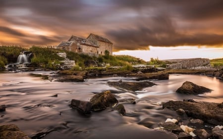 stone house by a river hdr - rocks, clouds, river, house, stone, hdr