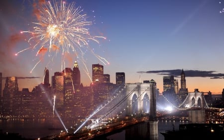 fireworks over the brooklyn bridge at dusk - city, bridge, dusk, fireworks