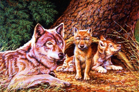 Family Wolf - wolves, nature, artwork, pups, predators