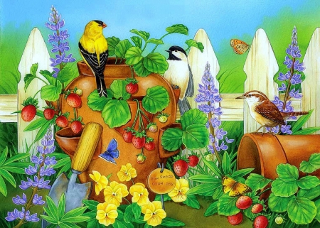 â˜…Strawberry in the Morningâ˜… - attractions in dreams, animals, fruits, gardening, spring, creative pre-made, nature, love four seasons, strawberries, seasons, paintings, butterfly designs, flowers, lovely flowers, birds, butterflies