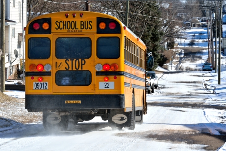 Snowy School Day - school, bus, school bus, snowy school day, bus ride, winter day