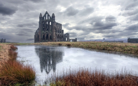 whitby abbey ruins by a pond hdr - abbey, ruins, clouds, hdr, pond, grass