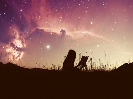 Moonlight Dreams - moon, stars, girl, clouds, book