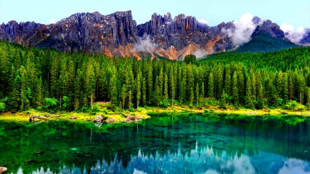 Lake Di Carezza, Italy - summer, Tyrol, beautiful, green, turquoise, forest, mountains, Dolomites