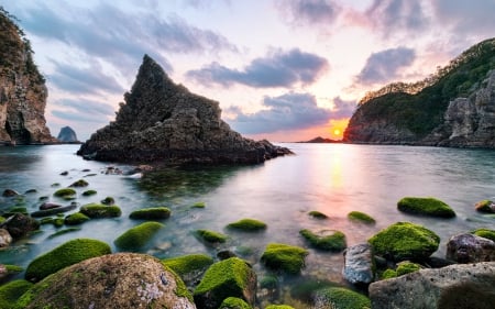 Sunset on Futo-Nishizo Cove, Japan - cove, japan, island, sunset, rocks