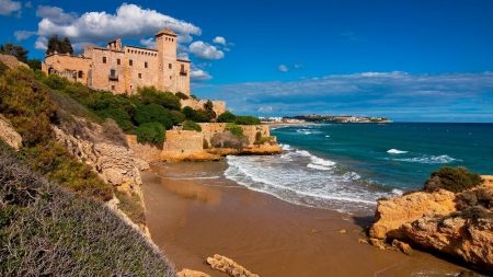 tamarit castle on a spanish seacoast - coast, beach, buff, sea, castle, sky