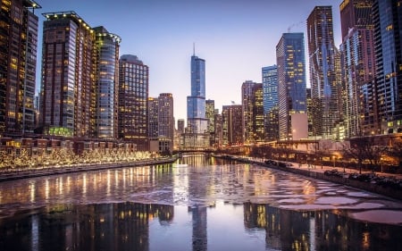 frozen chicago river at dusk hdr - river, frozen, lights, hdr, skyscrapers, dusk, city