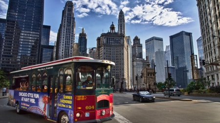 chicago tourist trolly bus hdr - street, trolly, bus, hdr, skyscrapers, city